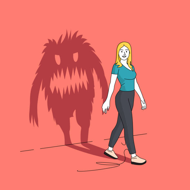 The Monster Inside You The Monster Inside You. A seemingly happy women casting a long shadow in the shape of a monster. People vector illustration. aggression stock illustrations