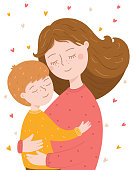 mother tenderly holding her son vector flat illustration