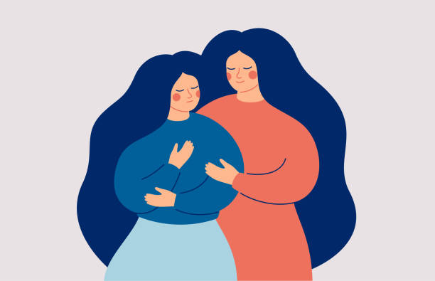 The mother supports her daughter in a difficult situation. Friends and Family Support. Friends and Family Support. A young woman comforts her best friend from stress and depression. The mother supports her daughter in a difficult situation. Vector illustration reproduction women stock illustrations