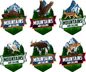 The Mountains Are Calling. vector Outdoor Adventure Inspiring Motivation Emblem logo illustration with barn owl, family of brown zubr buffalo bisons, Bald eagle, moose,  lynx and puma cougar