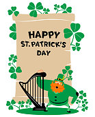 Happy St. Patrick's Day Characters Vector Art Illustration.
The mysterious leprechaun is playing the harp and unrolling a medieval paper scroll that has a "Happy St. Patrick's Day" handwriting text.