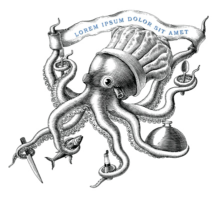 The Octopus chef  design hand draw vintage engraving style black and white clipart isolated on white background