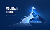 istock The path to success in the digital futuristic style. Business goals achievement concept. Vector illustration of a mountain with a flag in a polygonal wireframe style 1320845637