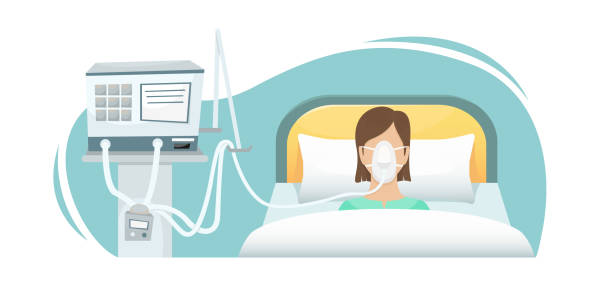 ilustraciones, imágenes clip art, dibujos animados e iconos de stock de el paciente está acostado en el hospital en un respirador. luchando contra el coronavirus. - patient in hospital bed