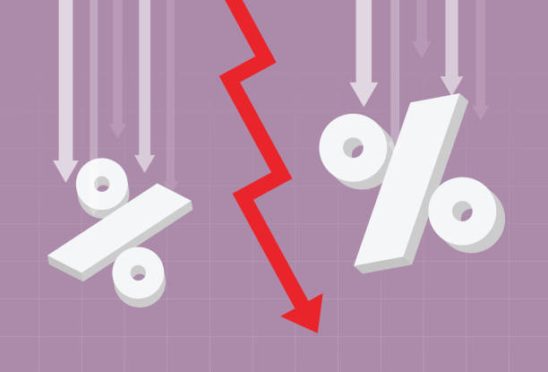 The percentage symbol and the red arrow are going down Currency, Wealth, Banking, Loan, Debt, Economy, Profit, Inflation federal reserve stock illustrations