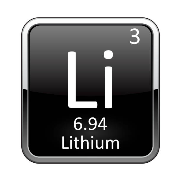 The periodic table element Lithium. Vector illustration Lithium symbol.Chemical element of the periodic table on a glossy black background in a silver frame.Vector illustration. laboratory borders stock illustrations
