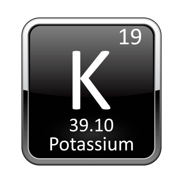 The periodic table element Potassium. Vector illustration Potassium symbol.Chemical element of the periodic table on a glossy black background in a silver frame.Vector illustration. potassium stock illustrations
