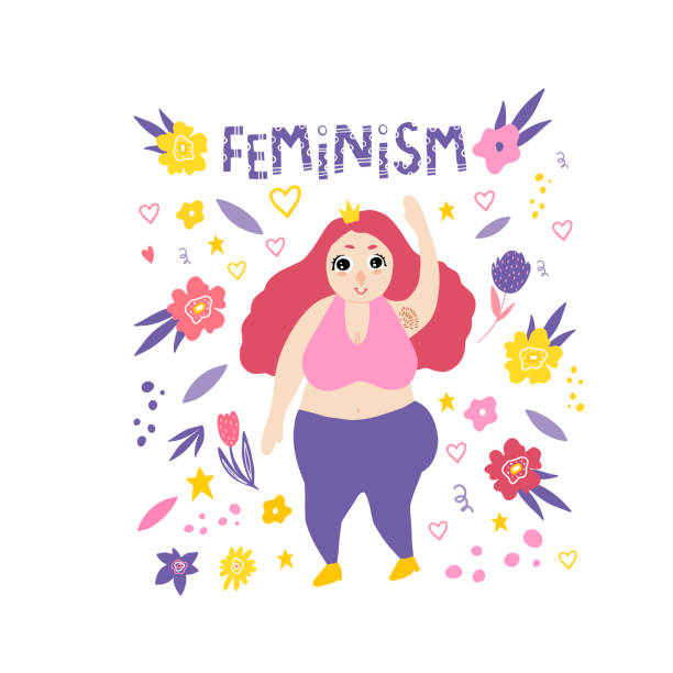 The plus-size girl is happy. A stylish plump girl with a crown says hello. The plus-size girl is happy. A stylish plump girl with a crown says hello. Feminism. Doodle style. The body is positive. Flat doodle style. A fat woman enjoys life. big fat girl drawing stock illustrations