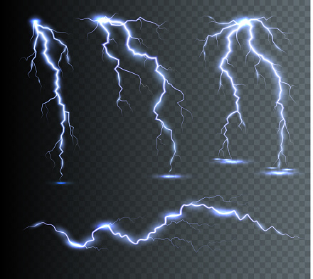 The power of lightning and shock discharge, thunder, radiance. Thunder bolts isolated.