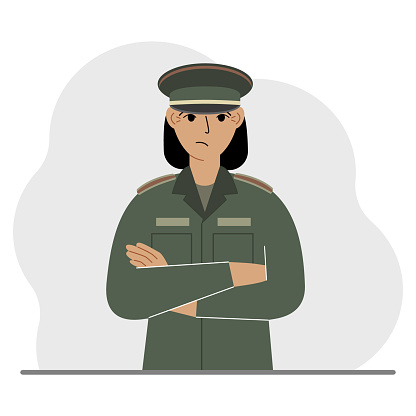 The profession of a soldier. A woman in military uniform. Army and military concept. Vector