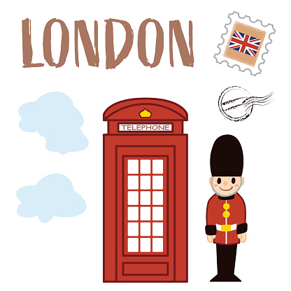 The queen guard soldier in London, phone booth and british flag stamp - Vector illustration
