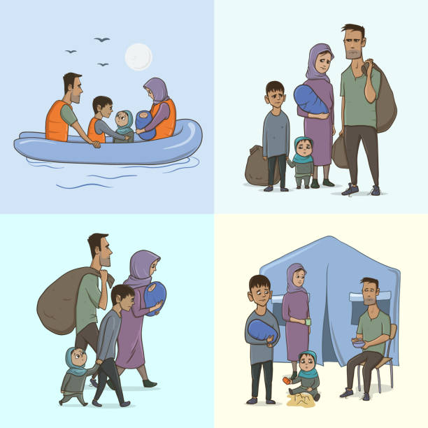 아이 들과 함께 난민 가족입니다. 보트에 유럽에 항해. 토지 전환 및 난민 캠프에서 생활입니다. 유럽 이주 위기 개념입니다. 벡터 일러스트입니다. - migrants stock illustrations