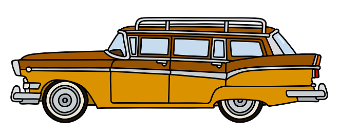 The hand drawing of a funny retro brown american station wagon