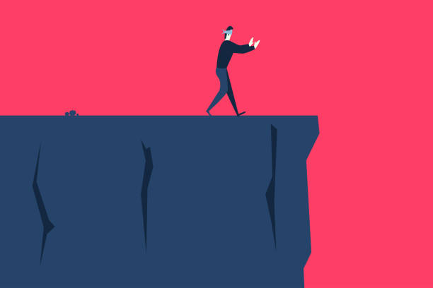 The risk A blindfolded man goes to the cliff ignorance stock illustrations