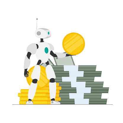 The robot is holding money. Robot assistant with a gold coin in his hands. A mountain of money. Dollars, bundles of money, gold coins. Isolated. Vector.