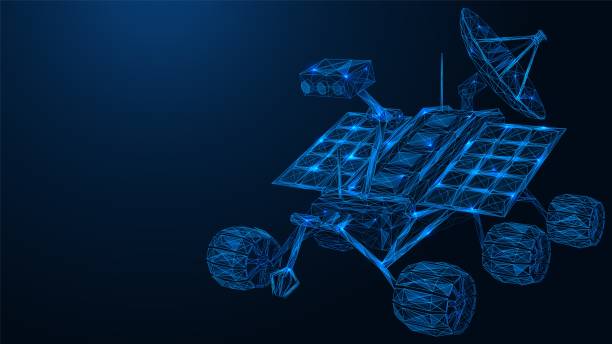 The robot mars rover. The robot mars rover. An automatic self-propelled vehicle for exploring the extraterrestrial surface and transmitting data to a space research station. Polygonal construction. Blue background. drone drawings stock illustrations