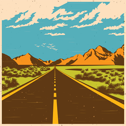 Stylized vector illustration of a route through the mountain valley in old poster style