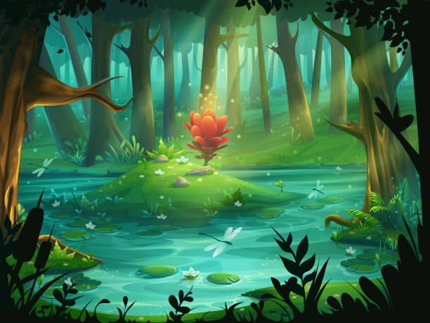 ilustraciones, imágenes clip art, dibujos animados e iconos de stock de la flor escarlata en una isla en un pantano en el bosque - fairy