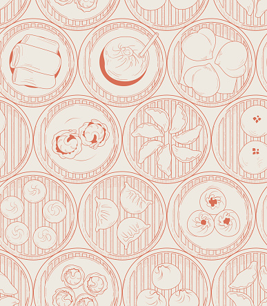 The seamless pattern design. The hand-drawn Asian traditional food Dim Sum,Yang-Cha. repeatable food background design in vintage style. included steamer, buns, soup dumplings and shrimp dumplings.