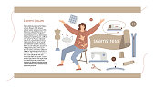 The seamstress and her tools. Page template with text and illustration in a modern flat design. Vector illustration