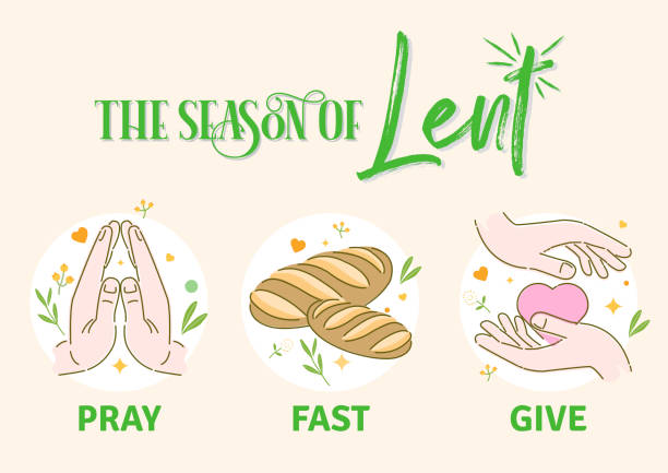 The Season of Lent Lent celebration: praying, to give alms, worship holy cross symbol and fasting menu in flat style. lent stock illustrations