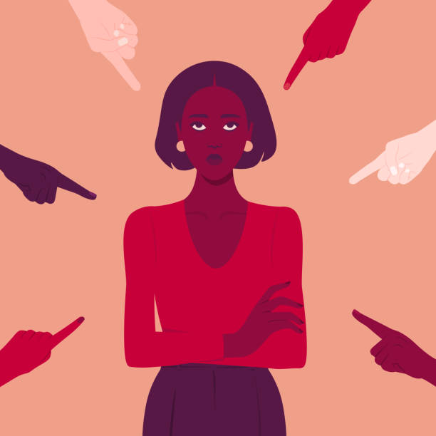 The shame. Hands of different people point to the girl adult. Portrait of an African young woman. Different opinions The shame. Hands of different people point to the girl adult. Portrait of an African young woman. Different opinions and the pressure of society.Vector flat illustration judgement stock illustrations