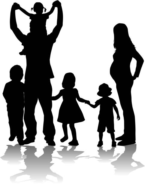The silhouette of a large family Large family pregnant silhouettes stock illustrations