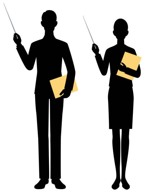 The silhouette of the businesswomen who directs by a pointer The silhouette of the businesswomen who directs by a pointer teacher silhouettes stock illustrations