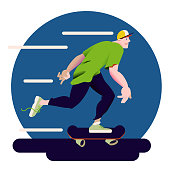 The skateboarder. Skateboarding sportsman in flat with gradient design. It can be used for flyer, banner to sporting events, packing for sports goods. Vector illustration.