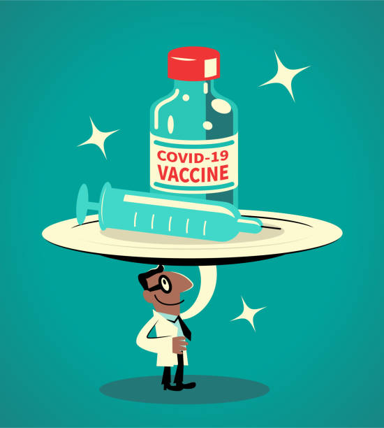 The smiling man (scientist or doctor) carrying a huge plate with a big COVID-19 vaccine bottle and syringe on it vector art illustration