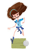 Illustration of girl in uniform and running behind a soccer ball.