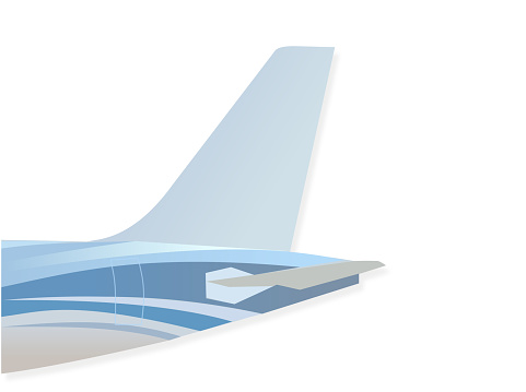 The tail of the airplane such as vertical stabilizer, horizontal stabilizer, and empennage. Blue tone color fuselage patterns. Airplane with white background.