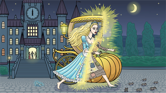 The tale of Cinderella. Cinderella turns into a poor girl at midnight.