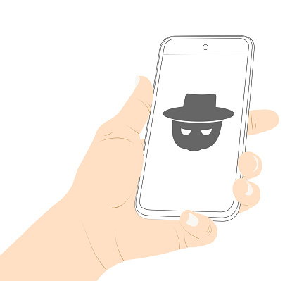 The thief on the phone screen, robber on the smartphone vector stock illustration