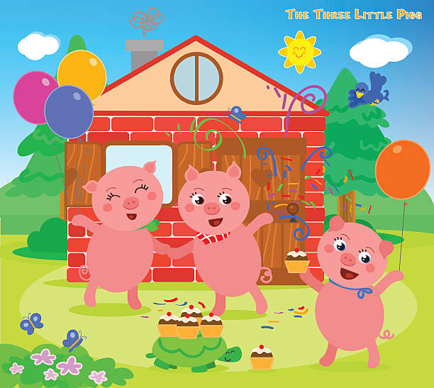 stockillustraties, clipart, cartoons en iconen met the three little pigs 12: happy ending - drie dieren