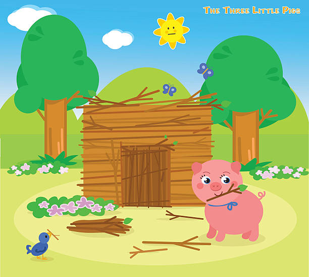 stockillustraties, clipart, cartoons en iconen met the three little pigs 5 the sticks house - drie dieren