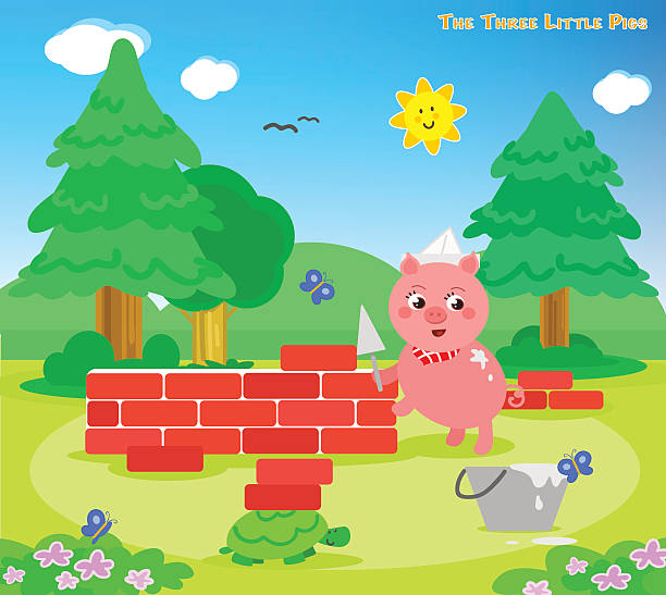 stockillustraties, clipart, cartoons en iconen met the three little pigs 7: the bricks house - drie dieren
