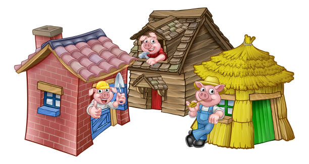 stockillustraties, clipart, cartoons en iconen met de drie kleine varkens sprookjesachtige huizen - drie dieren