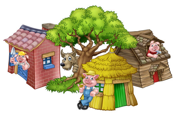 The Three Little Pigs Fairytale An illustration from the three little pigs childrens fairytale story, of the 3 pig cartoon characters with their straw, wooden and brick houses and the big bad wolf peeking from behind a tree. pig clipart stock illustrations