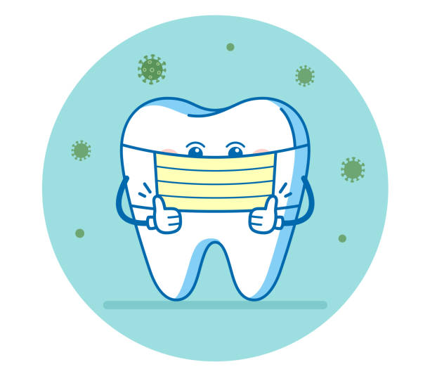 covid-19 또는 코로나바이러스의 확산을 방지하기 위한 수술용 마스크를 사용하는 치아. 치과 일러스트 또는 환자를 알리기위한 기호. - dentist stock illustrations