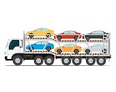 The trailer transports cars with new auto, truck trailer transport vehicles isolated on white background, vector illustration.