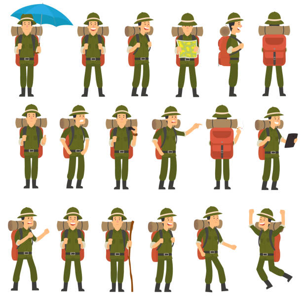 the traveler in different poses set. the traveler in different poses set. vector illustration mountain climber exercise stock illustrations