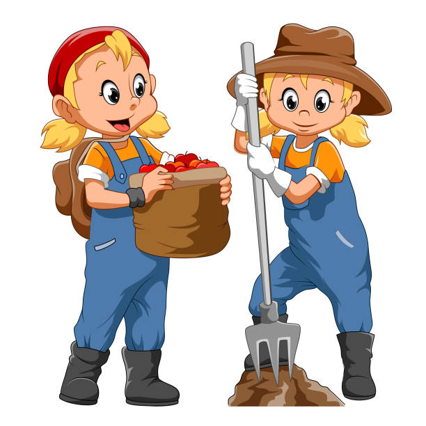 the twins girl with the farmer costume - labor day 幅插畫檔、美工圖案、卡通及圖標