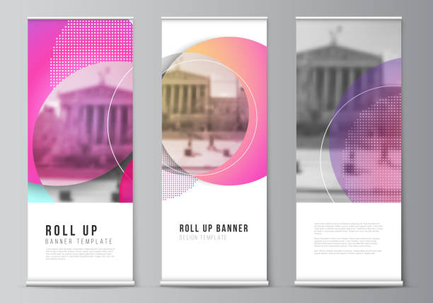 ilustrações de stock, clip art, desenhos animados e ícones de the vector illustration of the editable layout of roll up banner stands, vertical flyers, flags design business templates. creative modern bright background with colorful circles and round shapes - display ad