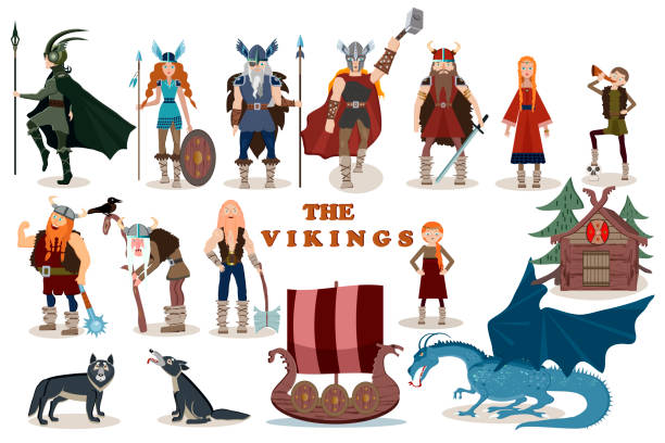 bildbanksillustrationer, clip art samt tecknat material och ikoner med vikingarna. viking seriefigurer. valkyrie, berserker, krigare, gubbe, guden odin, guden tor, drakkar, trä segelbåt, trähus, vargar, dragon, flicka, pojke. vektorillustration. platt stil. - vikings