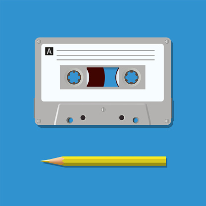 Symbole vintage de la génération soixante-dix, une cassette audio des années soixante est associé à un crayon. vector