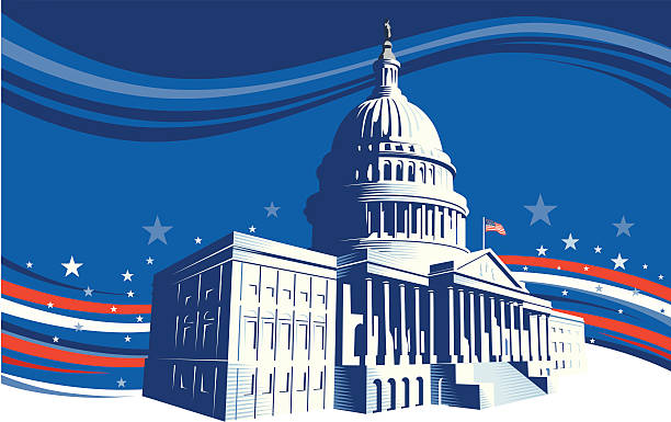 The White House with stars and stripes background The Capitol Building in Washington DC. Retro crosshatch style washington dc stock illustrations
