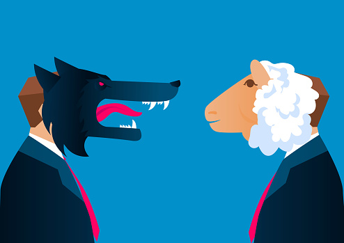 The wolf leader talks with the sheep employee, business concept illustration, the leader and the employee face to face, the hierarchy system
