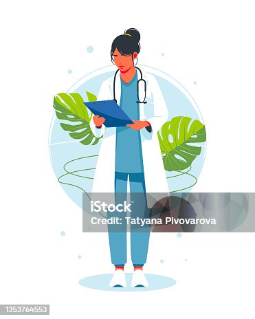 istock The woman doctor with a stethoscope reviewing, analyzes the treatment report, patient's condition or laboratory test report. Checklist on health information of diagnosis. Vector illustration 1353764553