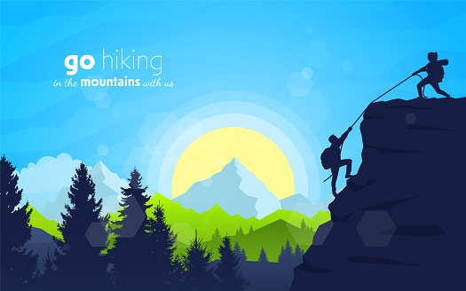The woman helps the man climb the mountain. Travel concept of discovering, exploring, observing nature. Hiking tourism. Adventure. Vector polygonal landscape illustration. Minimalist flat design.